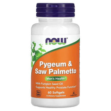 NOW Foods Pygeum & Saw Palmetto softgel bottle with front label, 60 softgels