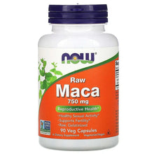 Maca supplement bottle with Raw Maca 750 mg and 90 veg capsules label