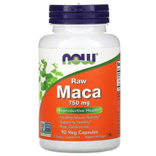 Maca 750 mg supplement bottle with dark blue cap, front label