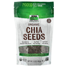 Organic chia seeds pouch with green top and white body, chia seeds text on front