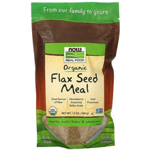 Organic flax seed meal pouch, brown bag with green top and front label