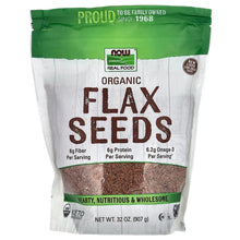 Organic flax seed pouch with green top and brown flax seed graphic, 32 oz net wt