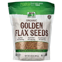 Organic golden flax seeds pouch, green and white front label with seed photo