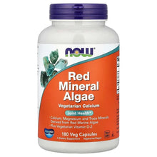 NOW Red Mineral Algae supplement bottle, red mineral algae 180 veg capsules label