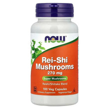 NOW Foods Rei-Shi Mushrooms supplement bottle with purple cap, 100 veg capsules