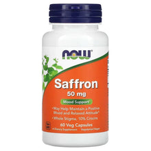 Saffron supplement bottle with navy cap and orange label, 50 mg, 60 veg capsules