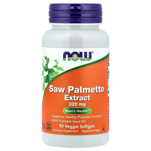 NOW Saw Palmetto Extract 320 mg bottle with orange label and purple cap.