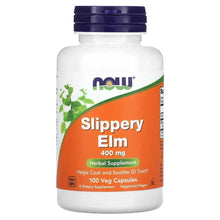Slippery Elm herbal supplement bottle with blue cap, 100 veg capsules label