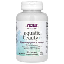 Supplement bottle with white cap and aquatic beauty+ front label
