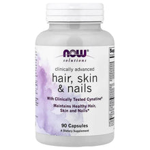NOW Solutions hair, skin & nails supplement bottle, front label with purple feather graphic