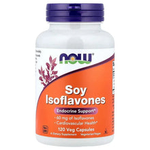 Soy isoflavones supplement bottle with purple cap and orange front label