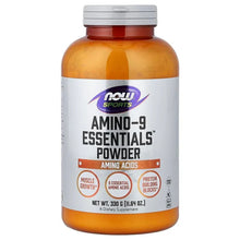 NOW Sports Amino-9 Essentials Powder bottle, orange and white label with logo