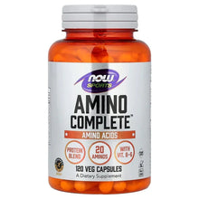 NOW Sports Amino Complete veg capsules bottle with orange capsule contents