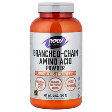 NOW Sports amino acid powder supplement bottle, orange body with white label