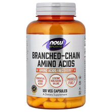 Branched-chain amino acids supplement bottle with amber capsules and front label