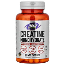 NOW Sports Creatine Monohydrate bottle with 750 mg, 120 veg capsules, orange liquid fill.