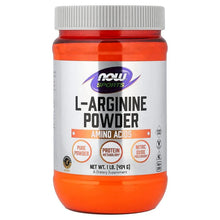 NOW Sports L-arginine powder jar with front label and gray ribbed lid