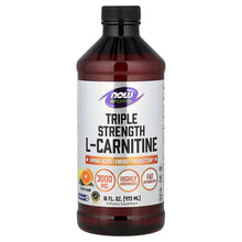Triple Strength L-carnitine supplement bottle, dark amber liquid with front label