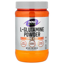 NOW Sports L-glutamine powder tub with white label and orange cap