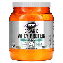 NOW Sports organic whey protein tub, unflavored, 1 lb, amber jar with silver lid