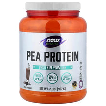 Pea protein powder tub labeled “PEA PROTEIN” with protein powder, net wt. 2 lbs