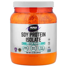 Soy protein isolate powder jar, unflavored, 1.2 lb (544 g), orange-and-white label.