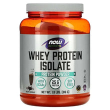 Whey protein isolate powder bottle, Creamy Chocolate, amber container with NOW Sports label.
