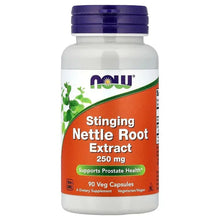 NOW Stinging Nettle Root Extract 250 mg bottle with purple cap, 90 veg capsules label