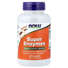 NOW Super Enzymes supplement bottle with purple cap and orange front label
