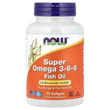 NOW Super Omega 3-6-9 Fish Oil bottle, purple cap, 90 softgels front label