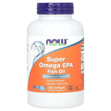 Fish oil supplement bottle with Super Omega EPA Fish Oil front label, 120 softgels