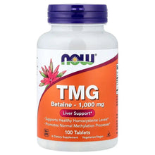 TMG supplement bottle with purple cap and orange label showing 100 tablets
