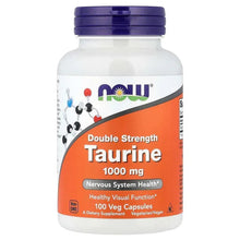 Taurine 1000 mg supplement bottle with blue cap, orange label, 100 veg capsules