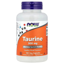 Taurine supplement bottle, purple cap, orange front label for 500 mg, 100 veg capsules