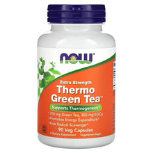 NOW Foods Thermo Green Tea supplement bottle, navy cap, orange front label