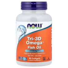 Fish oil softgel bottle with blue cap and orange label, 90 softgels