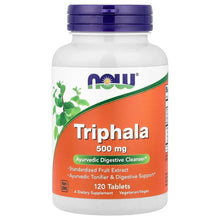 Triphala dietary supplement bottle, 500 mg, 120 tablets with blue cap and orange label