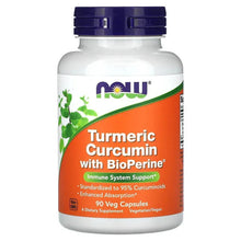 NOW turmeric curcumin supplement bottle with BioPerine, 90 veggie capsules