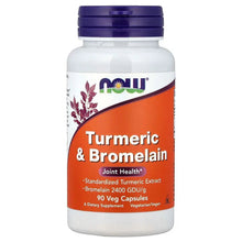 NOW Foods turmeric & bromelain veg capsules bottle with orange and white front label