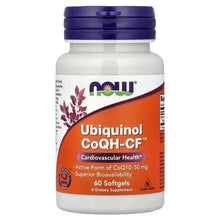 Ubiquinol CoQH-CF supplement bottle, purple cap, orange label, 60 softgels