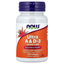 NOW Foods Ultra A & D-3 supplement bottle with purple cap and orange label, 100 softgels
