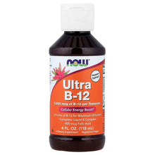 NOW Ultra B-12 liquid supplement bottle with orange Ultra B-12 label, 4 fl oz