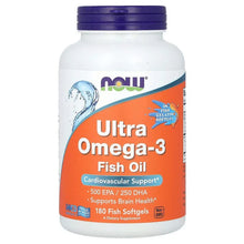 NOW Ultra Omega-3 Fish Oil bottle with orange front label and 180 softgels text