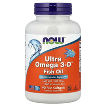 Ultra Omega 3-D fish oil bottle with front label and 90 fish softgels