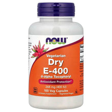NOW Vegetarian Dry E-400 supplement bottle, 100 veg capsules label
