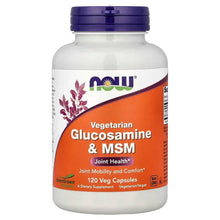 NOW Foods vegetarian glucosamine & MSM supplement bottle with orange and purple label