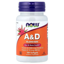 NOW Foods A&D vitamin supplement bottle labeled 100 softgels and Eye & Bone Health
