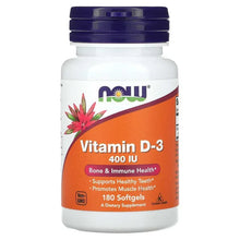 NOW Foods Vitamin D-3 400 IU softgel bottle, 180 count
