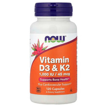 NOW Vitamin D3 & K2 bottle, 120 capsules, purple cap