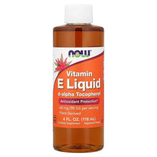 Vitamin E liquid bottle with white cap, amber liquid, Vitamin E label front